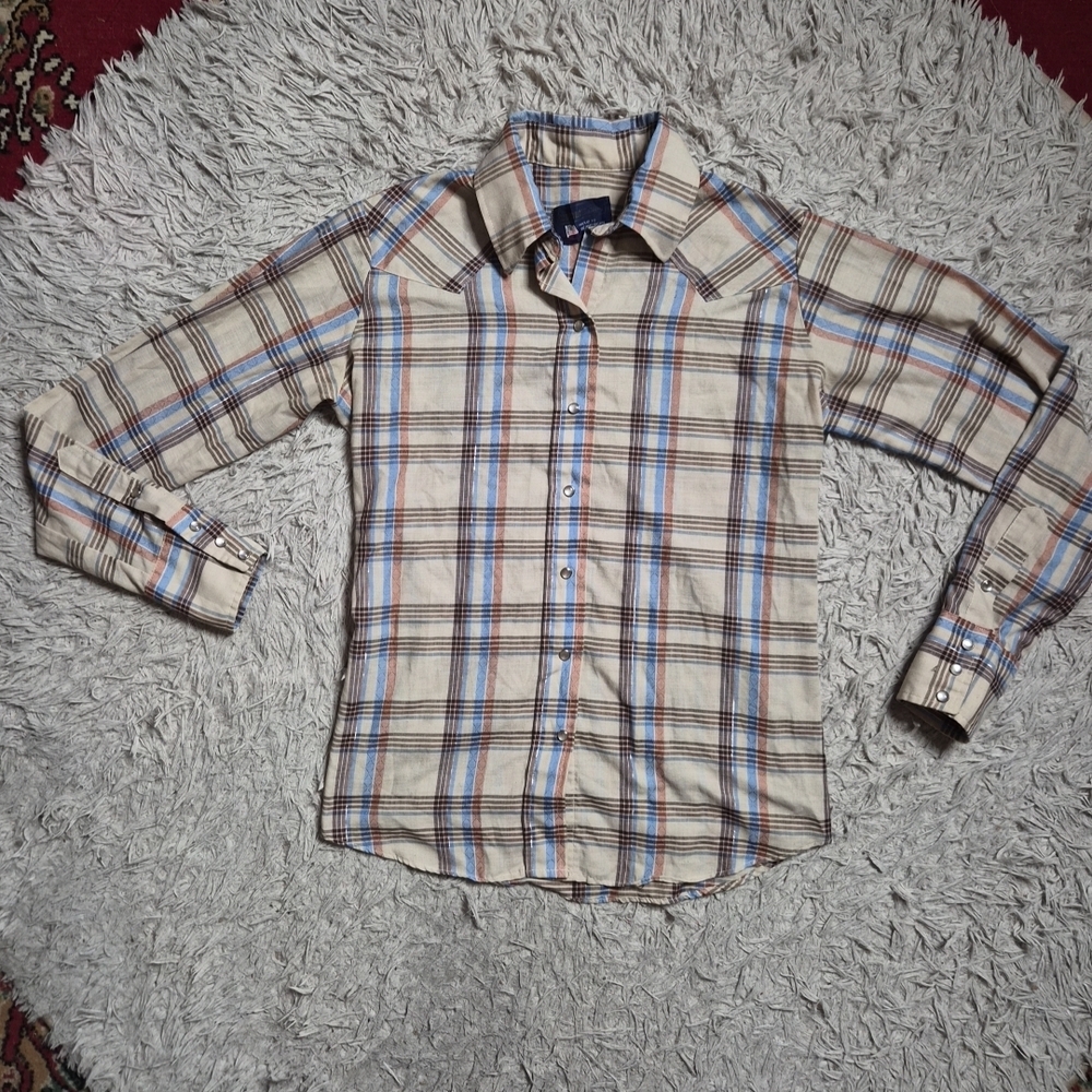 Womens Vintage Plaid Shirt Mother Of Pearl Snap Buttons Panhandle Slim Western ✨